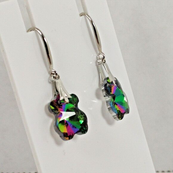 Silver Tone Metal Iridescent Glass Dangle Earrings Teddy Bear Clover Flower - Picture 4 of 11